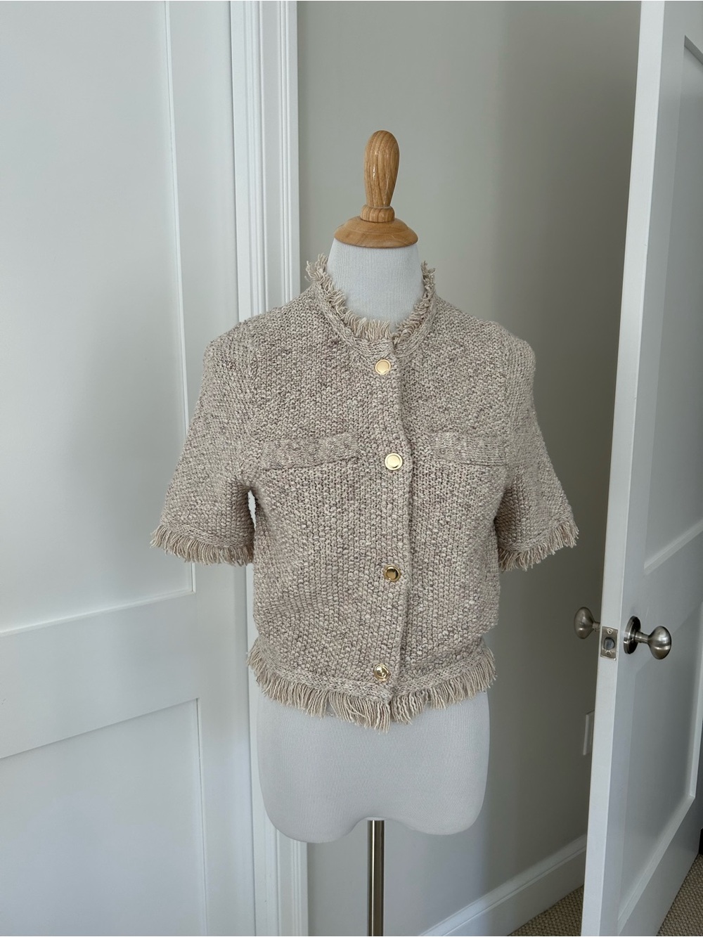 J Crew Cropped Fringe-trim lady jacket in marled yarn